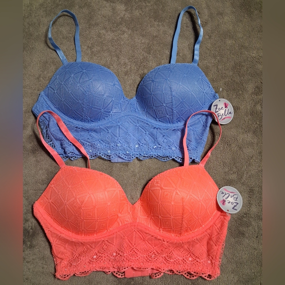 Set 2 Zoe & Bella Wireless Wirefree Padded Pushup Bras 34B Blue & Coral NWT $56